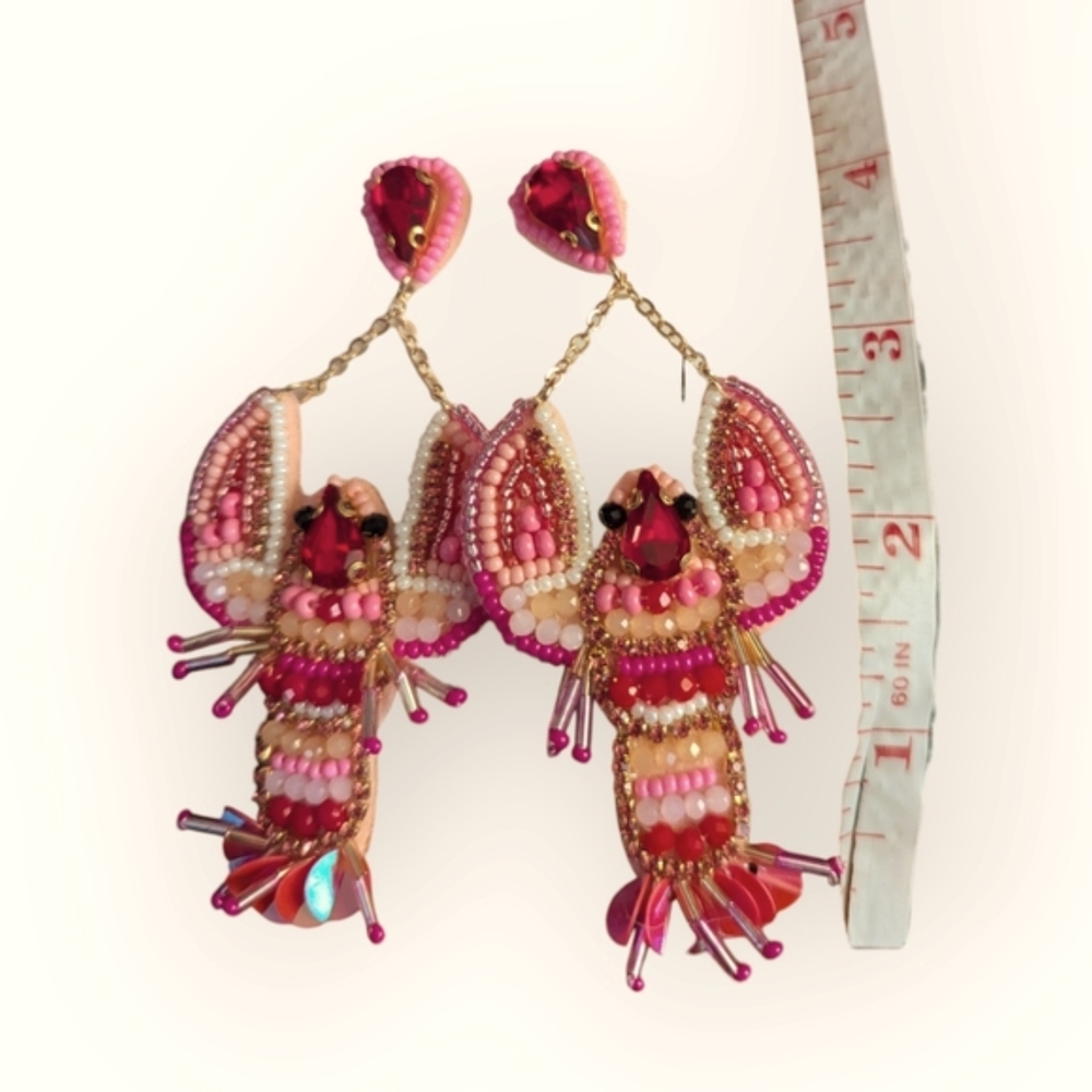 Lobster Beaded Earrings Pink and Red - Picture 3 of 4